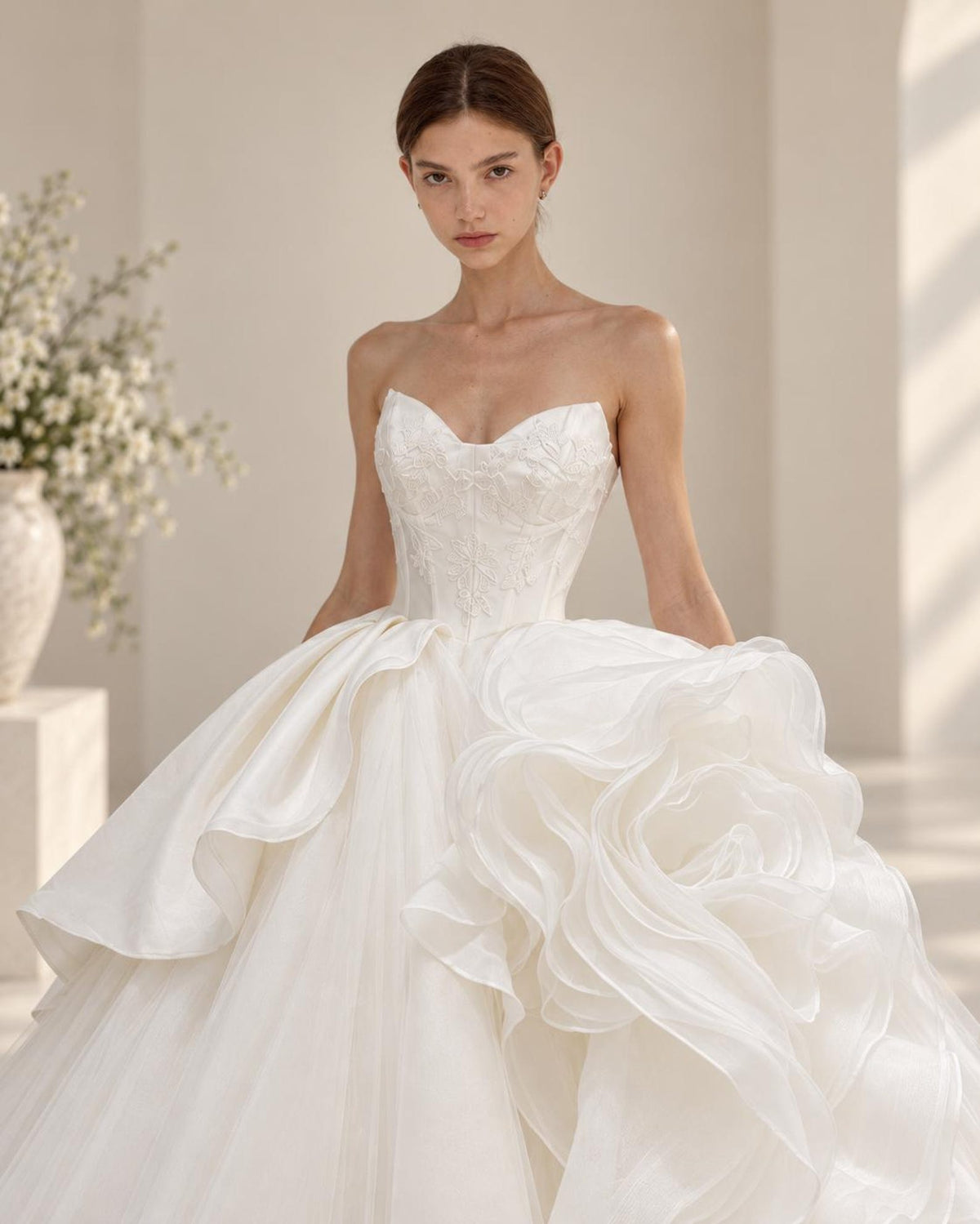 Strapless Lace Corset Ballgown Wedding Dress, 3D Floral Organza Bridal Gown, Voluminous Princess Wedding Dress