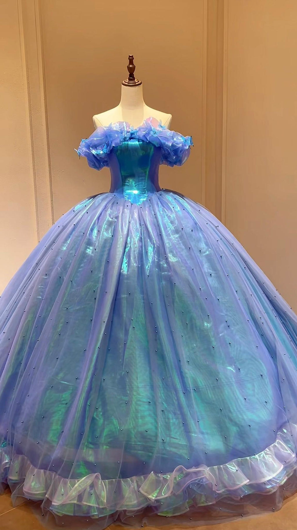 Iridescent Blue Cinderella Ballgown, Off Shoulder Butterfly Tulle Princess Gown, Quinceañera Prom Birthday Dress
