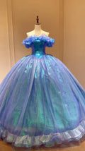 Iridescent Blue Cinderella Ballgown, Off Shoulder Butterfly Tulle Princess Gown, Quinceañera Prom Birthday Dress