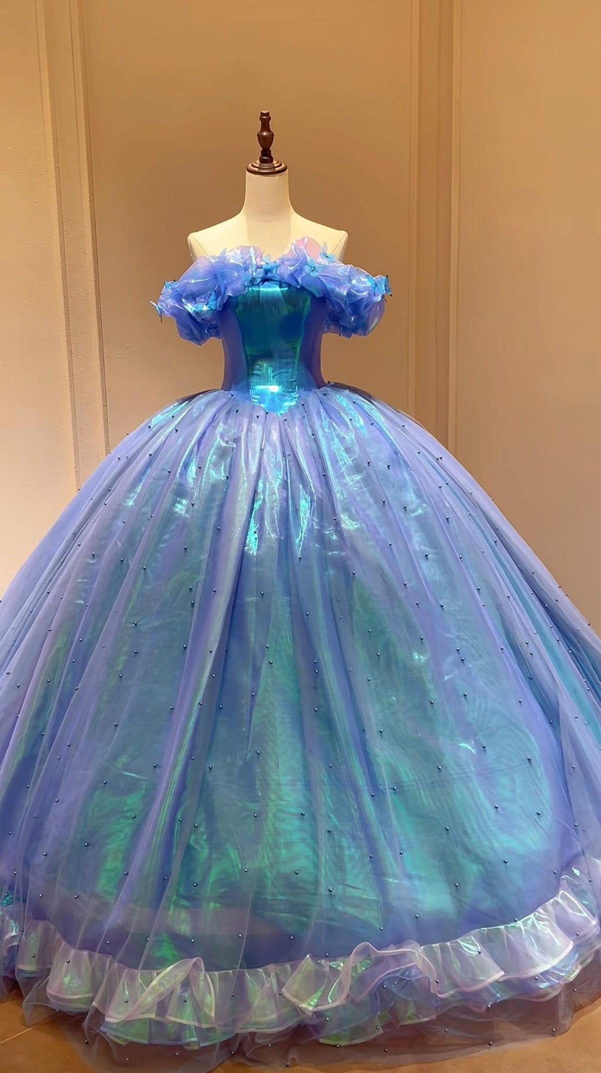 Iridescent Blue Cinderella Ballgown, Off Shoulder Butterfly Tulle Princess Gown, Quinceañera Prom Birthday Dress