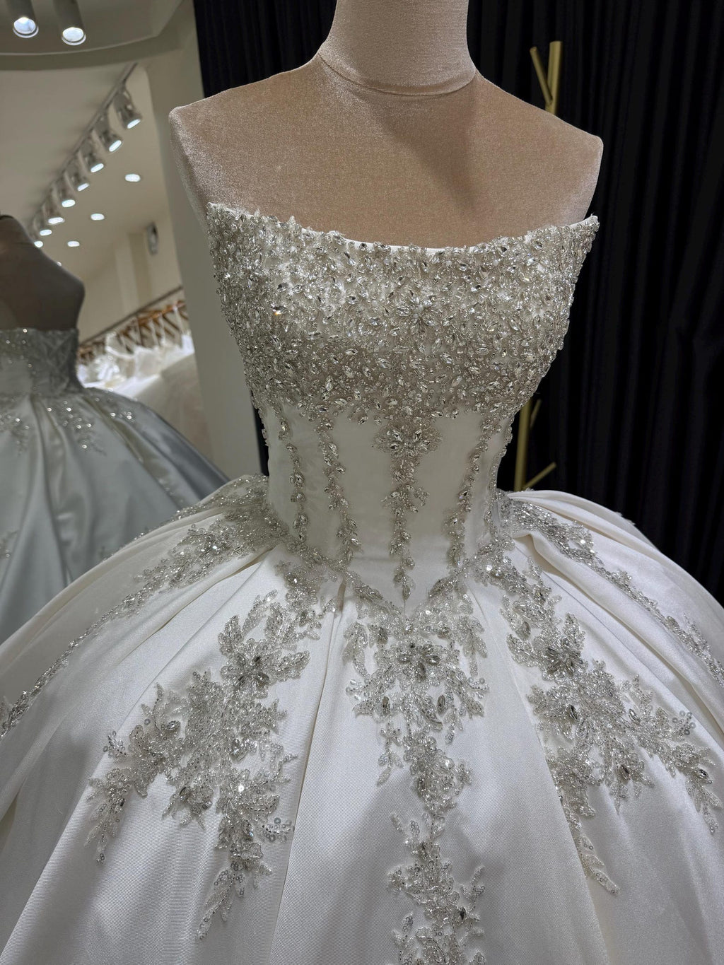 Luxury Strapless Satin Wedding Dress, Sparkle Beaded Lace Ballgown Bridal Gown with Chapel Train