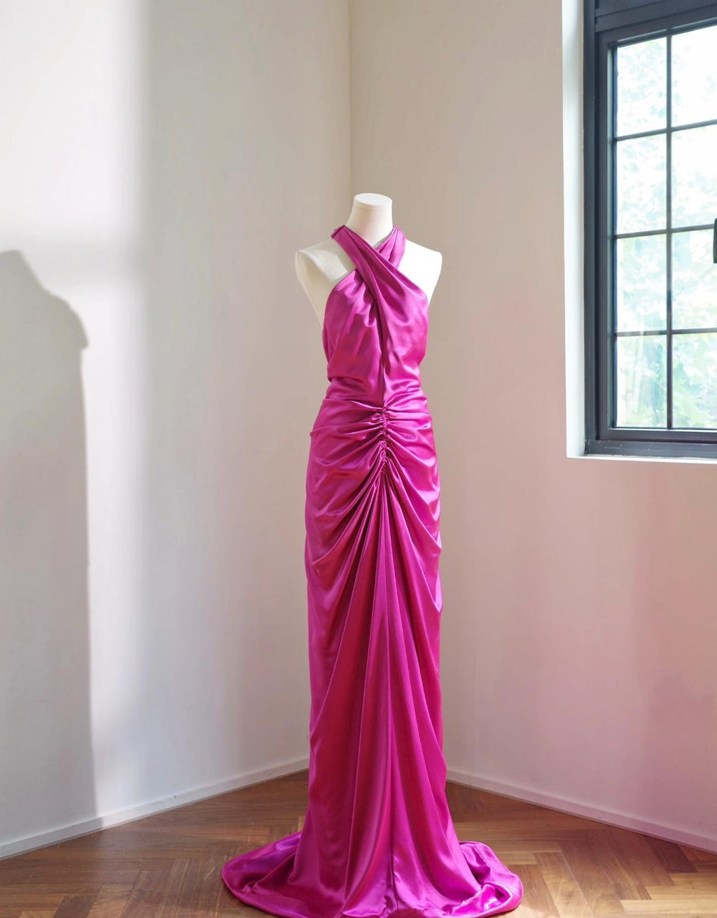 Halter Satin Mermaid Evening Gown, Magenta Ruched Formal Dress, Wedding Guest Maxi Dress, Bridesmaid Dress With Train