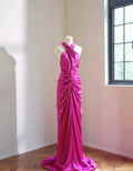 Halter Satin Mermaid Evening Gown, Magenta Ruched Formal Dress, Wedding Guest Maxi Dress, Bridesmaid Dress With Train