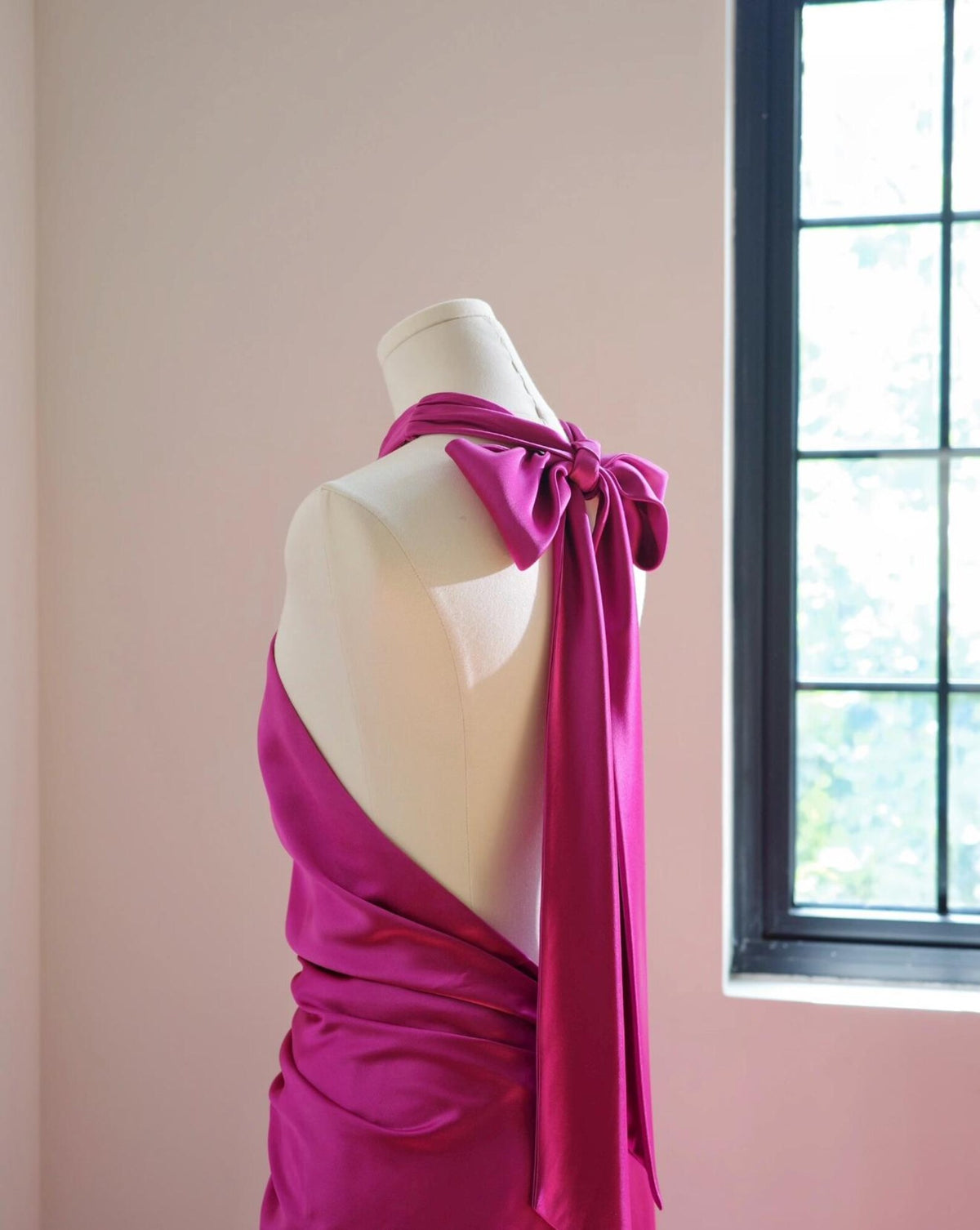 Halter Satin Mermaid Evening Gown, Magenta Ruched Formal Dress, Wedding Guest Maxi Dress, Bridesmaid Dress With Train