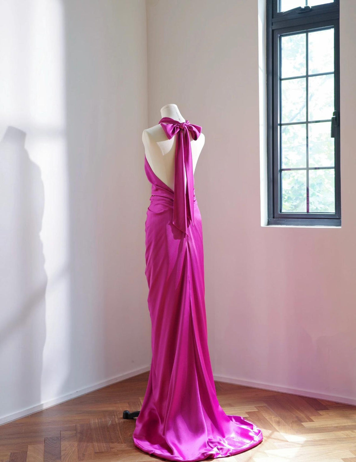 Halter Satin Mermaid Evening Gown, Magenta Ruched Formal Dress, Wedding Guest Maxi Dress, Bridesmaid Dress With Train