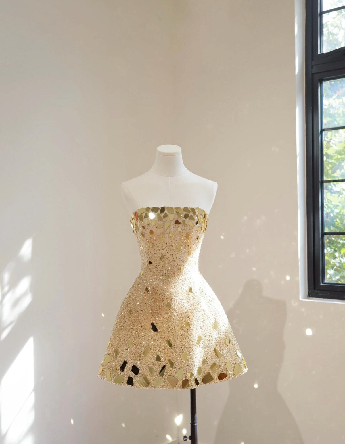 Gold Broken Mirror Strapless Mini Gown, Glitter Beaded A-Line Short Cocktail Dress, Custom Prom & Photoshoot Dress