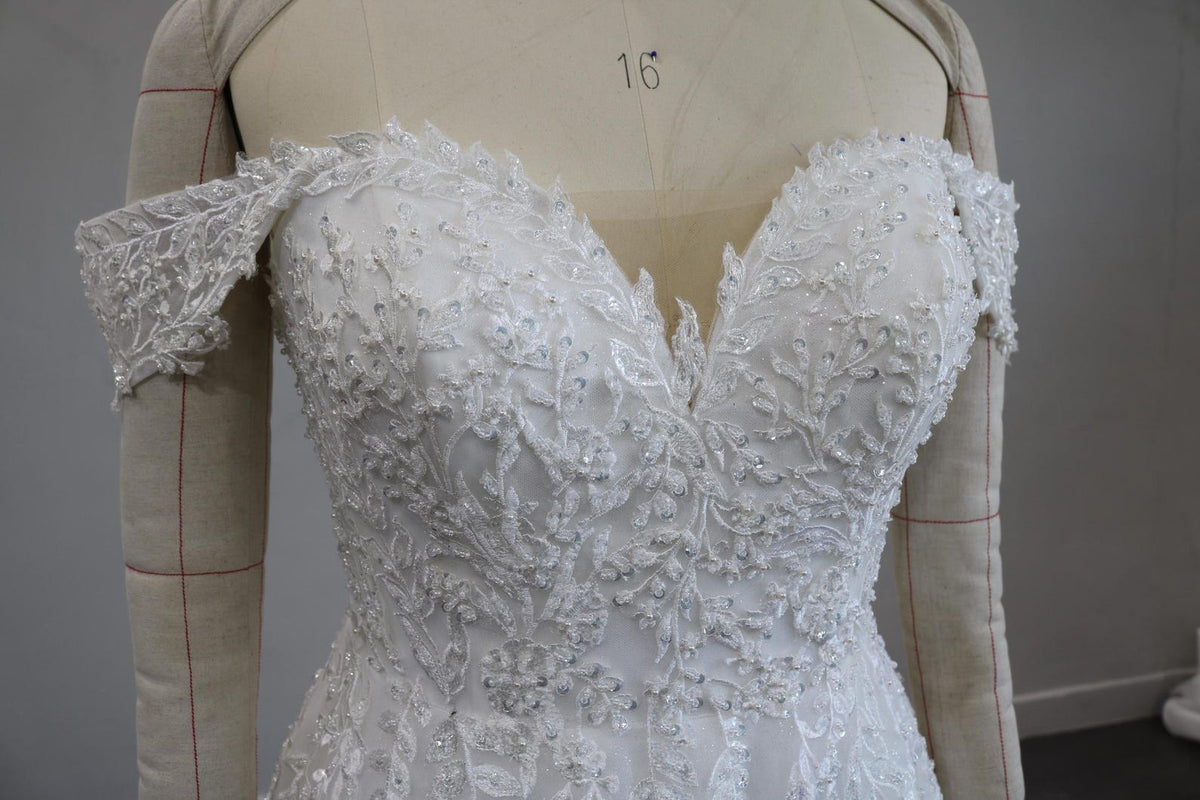 Off the Shoulder Lace Wedding Dress, V Neck Glitter Tulle Bridal Gown, A Line Court Train Wedding Gown, Custom Made Bridal Dress