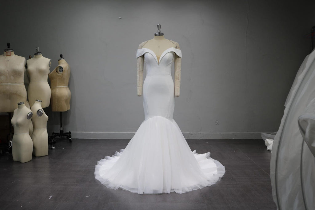 Off Shoulder Deep V Mermaid Wedding Dress, Satin Bodice Tulle Train Bridal Gown, Custom Made Wedding Gown