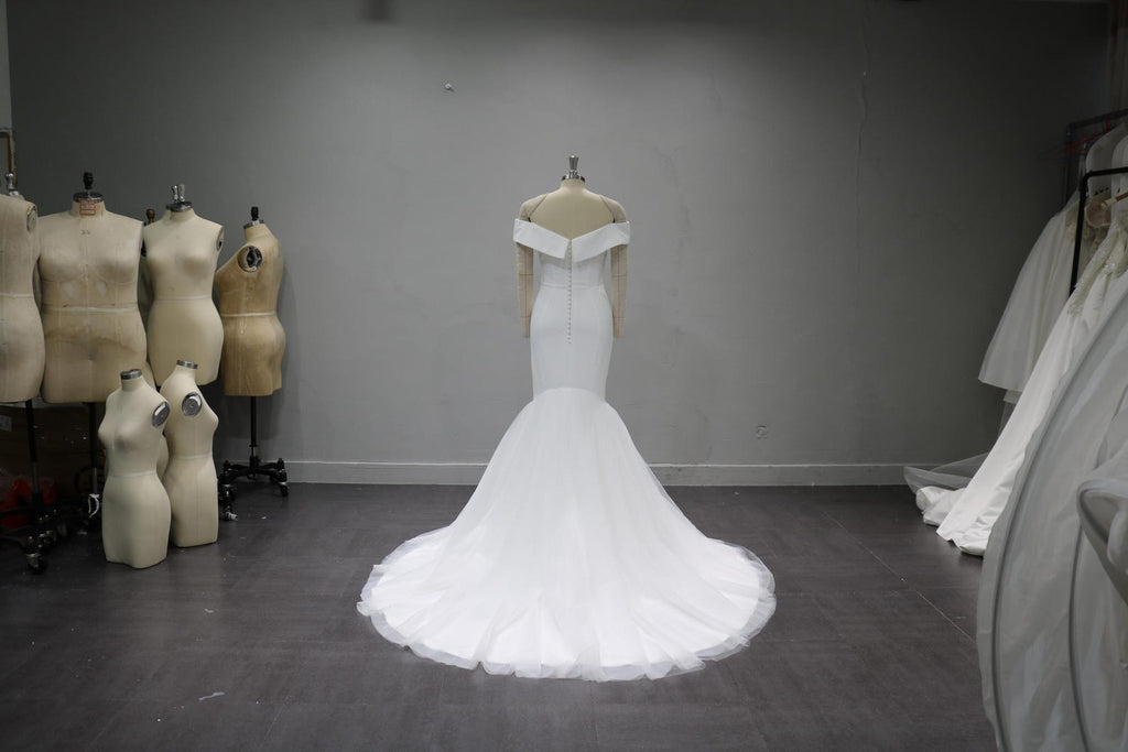 Off Shoulder Deep V Mermaid Wedding Dress, Satin Bodice Tulle Train Bridal Gown, Custom Made Wedding Gown