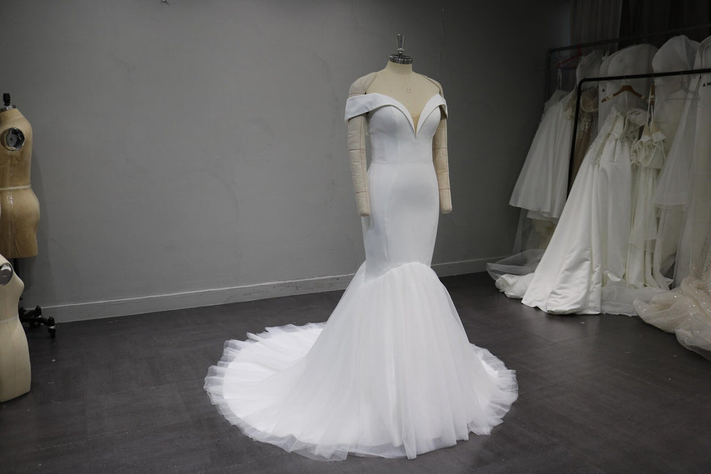 Off Shoulder Deep V Mermaid Wedding Dress, Satin Bodice Tulle Train Bridal Gown, Custom Made Wedding Gown
