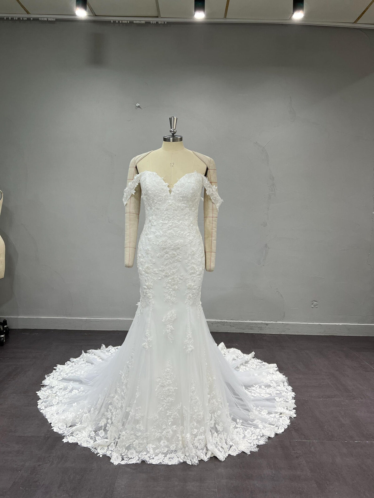 Sweetheart Off Shoulder Mermaid Bridal Dress, 3D Flower Lace Tulle Wedding Gown with Chapel Train