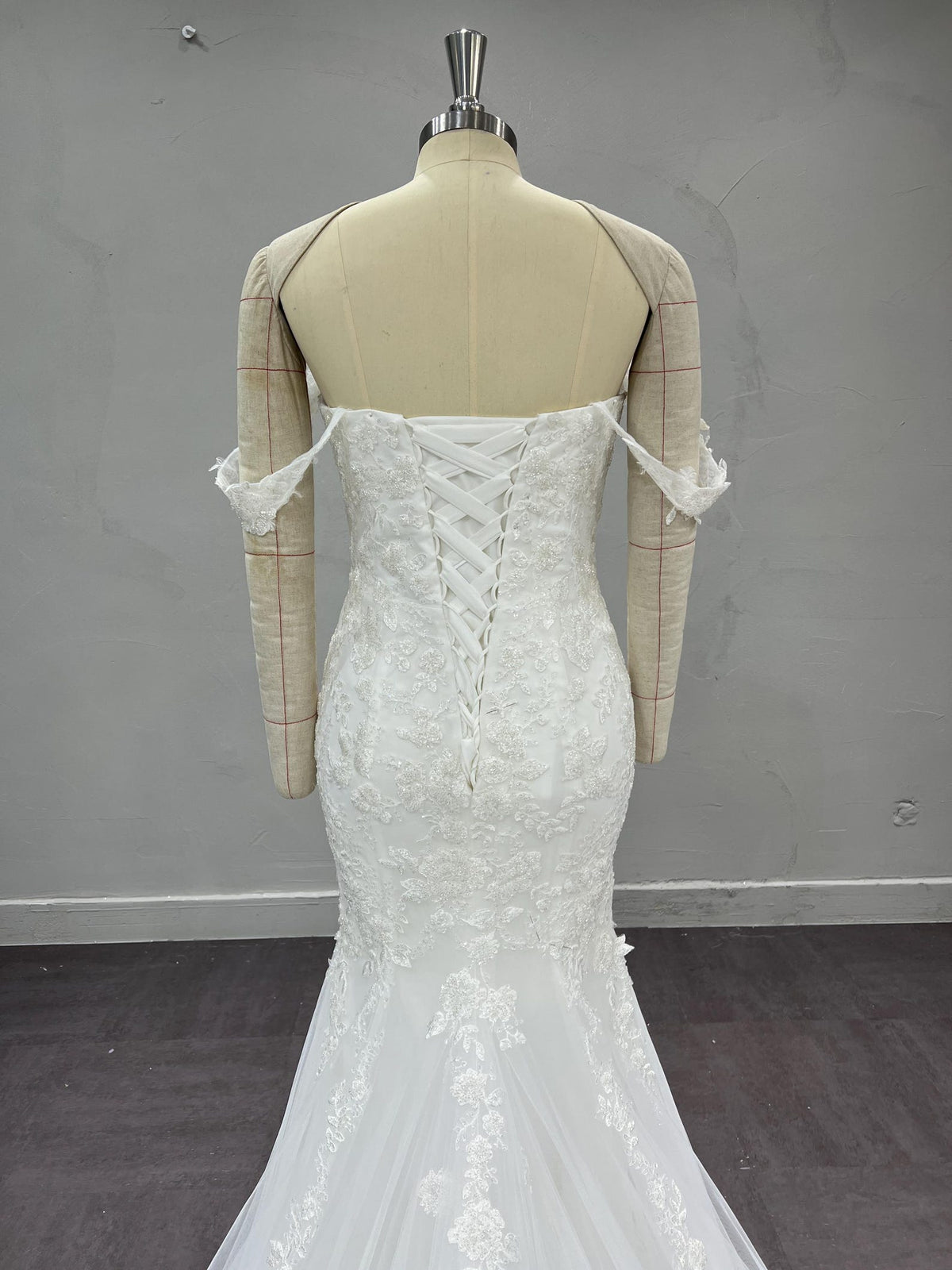 Sweetheart Off Shoulder Mermaid Bridal Dress, 3D Flower Lace Tulle Wedding Gown with Chapel Train