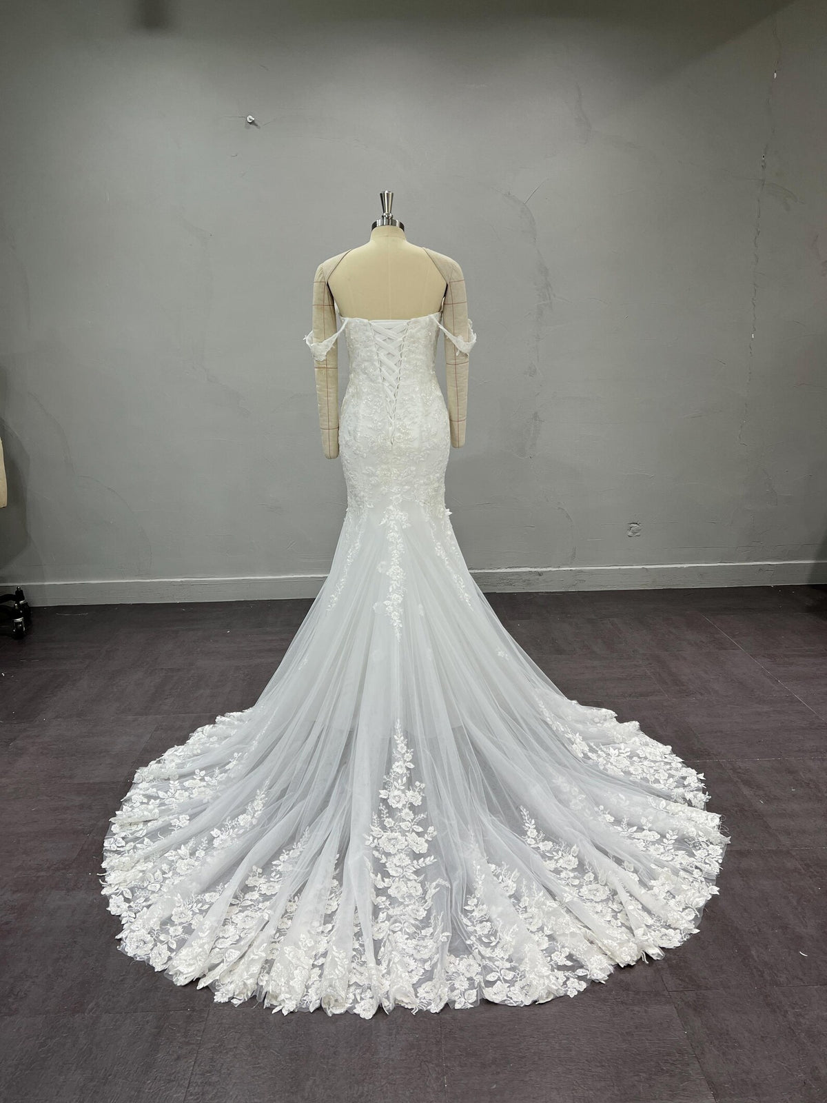 Sweetheart Off Shoulder Mermaid Bridal Dress, 3D Flower Lace Tulle Wedding Gown with Chapel Train
