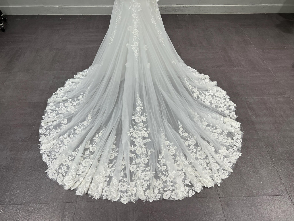 Sweetheart Off Shoulder Mermaid Bridal Dress, 3D Flower Lace Tulle Wedding Gown with Chapel Train