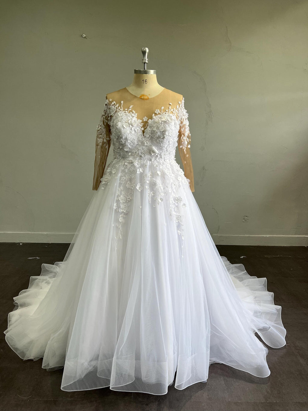 Sheer Illusion Neck A Line Wedding Gown, Long Sleeve 3D Flower Lace Tulle Bridal Dress with Ruffle Train
