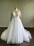 Sheer Illusion Neck A Line Wedding Gown, Long Sleeve 3D Flower Lace Tulle Bridal Dress with Ruffle Train