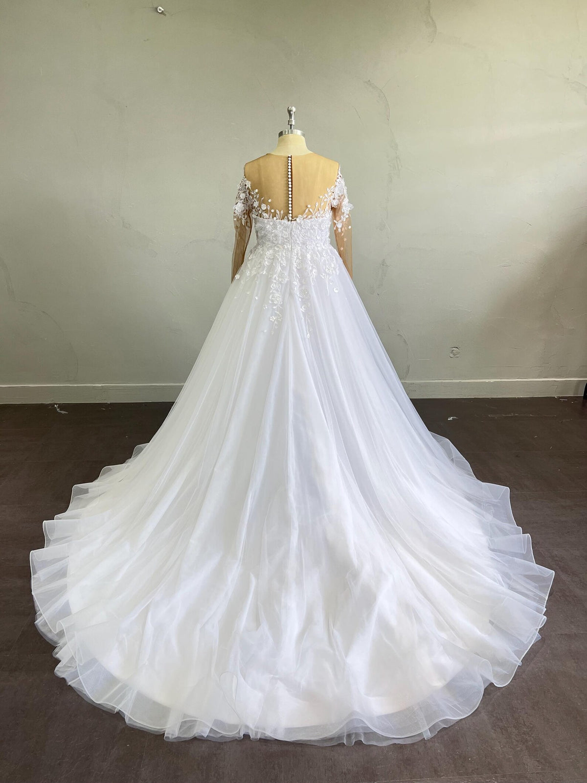 Sheer Illusion Neck A Line Wedding Gown, Long Sleeve 3D Flower Lace Tulle Bridal Dress with Ruffle Train