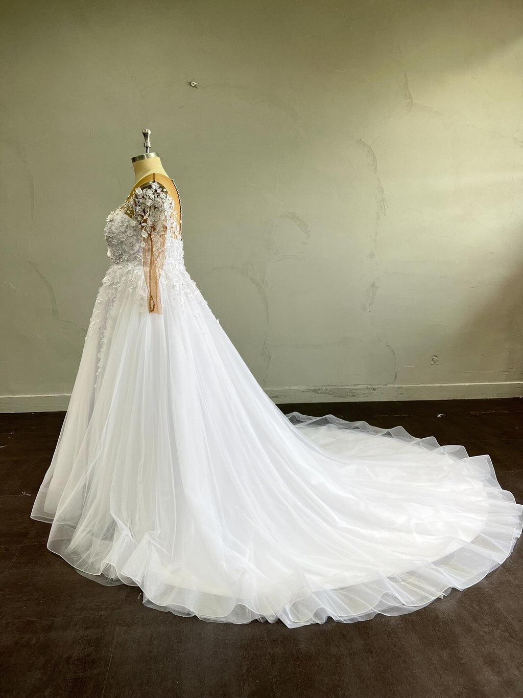 Sheer Illusion Neck A Line Wedding Gown, Long Sleeve 3D Flower Lace Tulle Bridal Dress with Ruffle Train