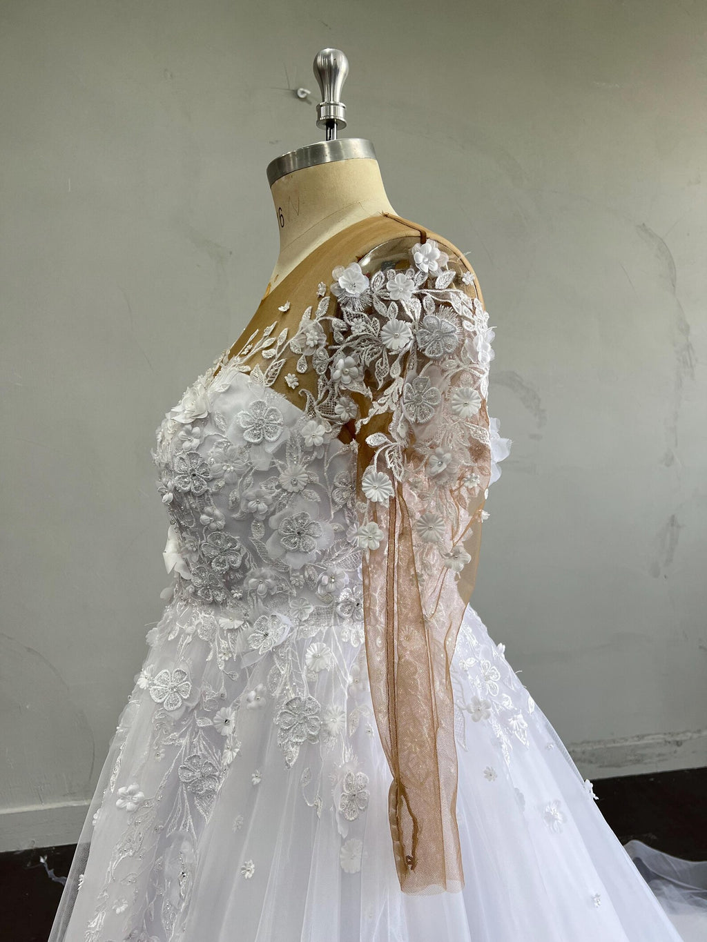 Sheer Illusion Neck A Line Wedding Gown, Long Sleeve 3D Flower Lace Tulle Bridal Dress with Ruffle Train