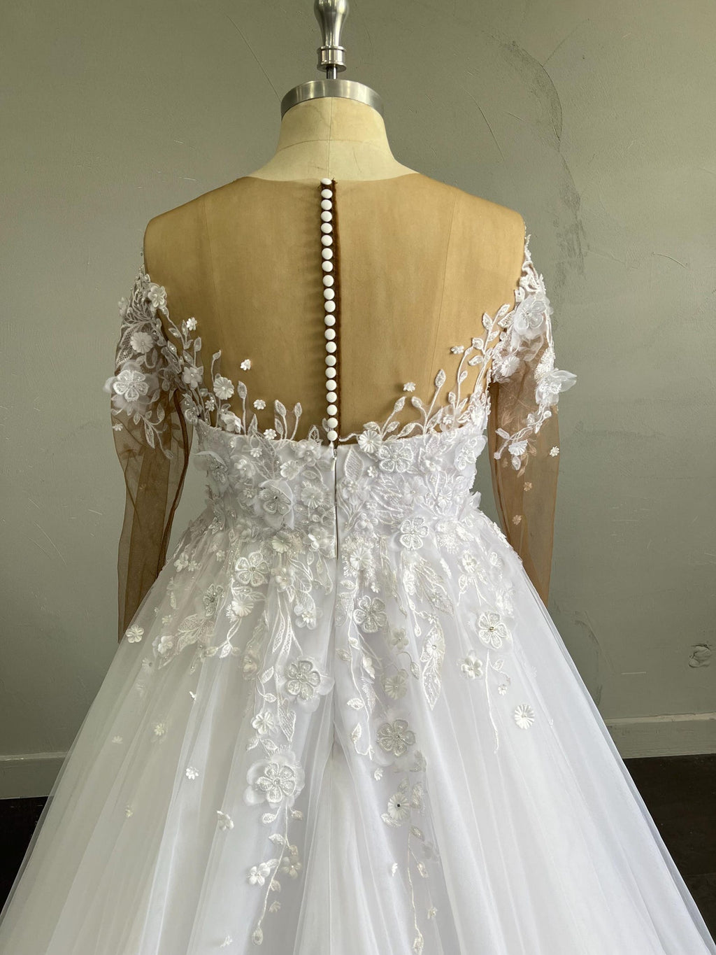 Sheer Illusion Neck A Line Wedding Gown, Long Sleeve 3D Flower Lace Tulle Bridal Dress with Ruffle Train