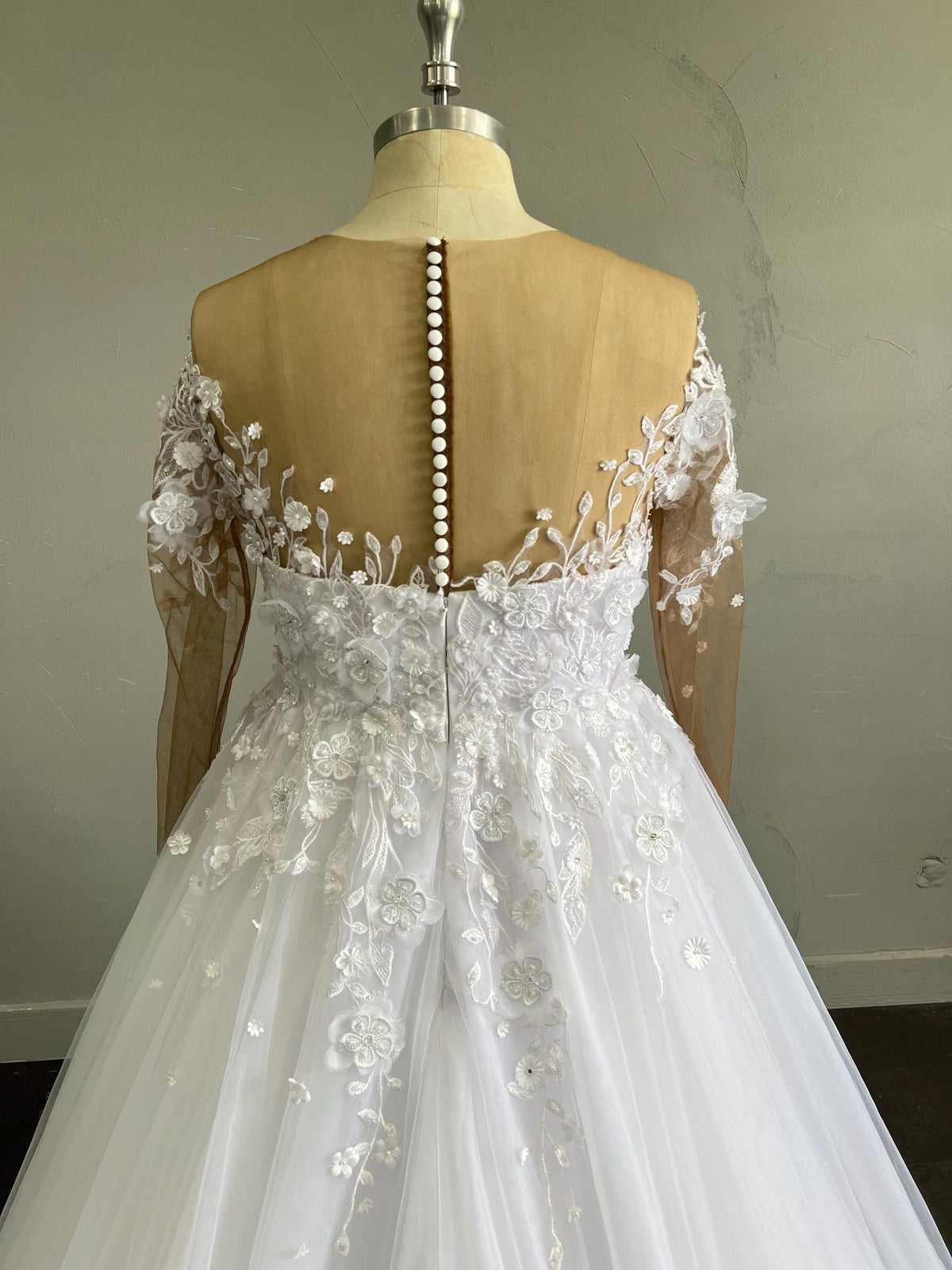 Sheer Illusion Neck A Line Wedding Gown, Long Sleeve 3D Flower Lace Tulle Bridal Dress with Ruffle Train