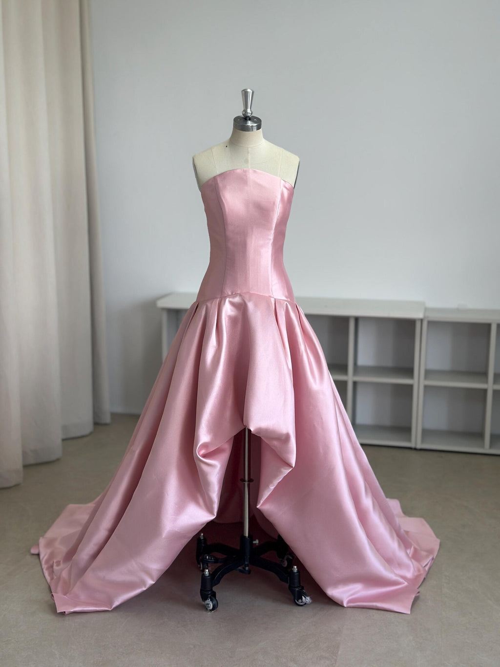 Blush Pink Satin Strapless Ball Gown, Asymmetrical Draped Skirt Formal Dress, Long Wedding Guest Prom Dress with Train