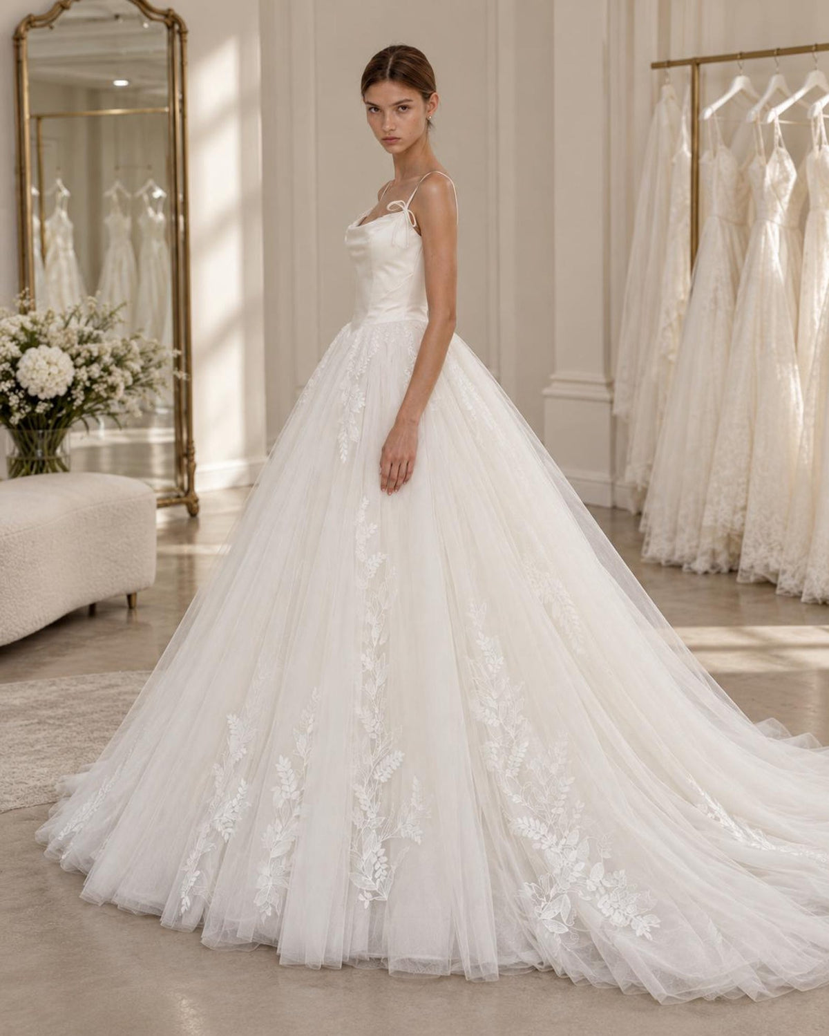 vStrappy Bow Wedding Dress, Satin Bodice Tulle Ball Gown, Lace Embroidery Bridal Gown With Long Train, Romantic Princess Wedding Dress