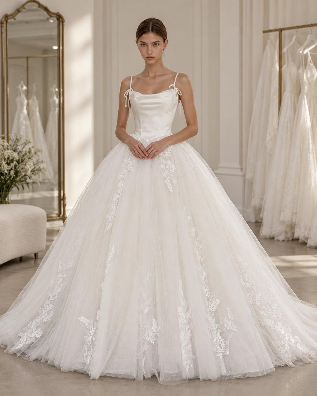 vStrappy Bow Wedding Dress, Satin Bodice Tulle Ball Gown, Lace Embroidery Bridal Gown With Long Train, Romantic Princess Wedding Dress