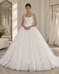 vStrappy Bow Wedding Dress, Satin Bodice Tulle Ball Gown, Lace Embroidery Bridal Gown With Long Train, Romantic Princess Wedding Dress