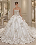 Luxury Strapless Satin Wedding Dress, Sparkle Beaded Lace Ballgown Bridal Gown with Chapel Train