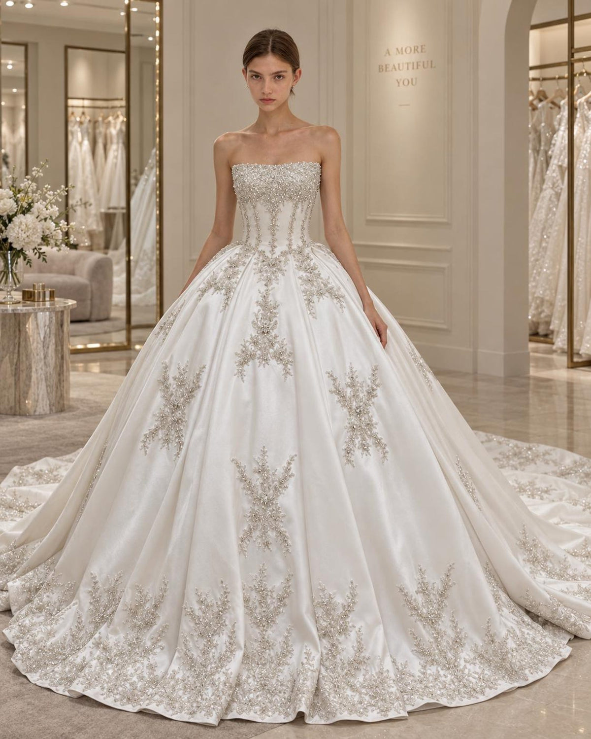 Luxury Strapless Satin Wedding Dress, Sparkle Beaded Lace Ballgown Bridal Gown with Chapel Train