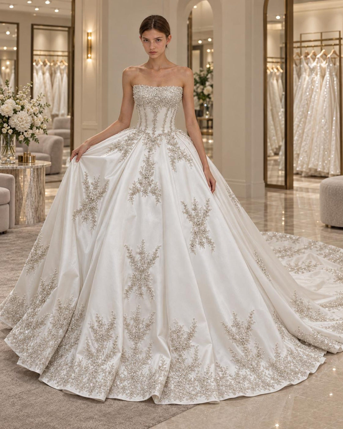 Luxury Strapless Satin Wedding Dress, Sparkle Beaded Lace Ballgown Bridal Gown with Chapel Train