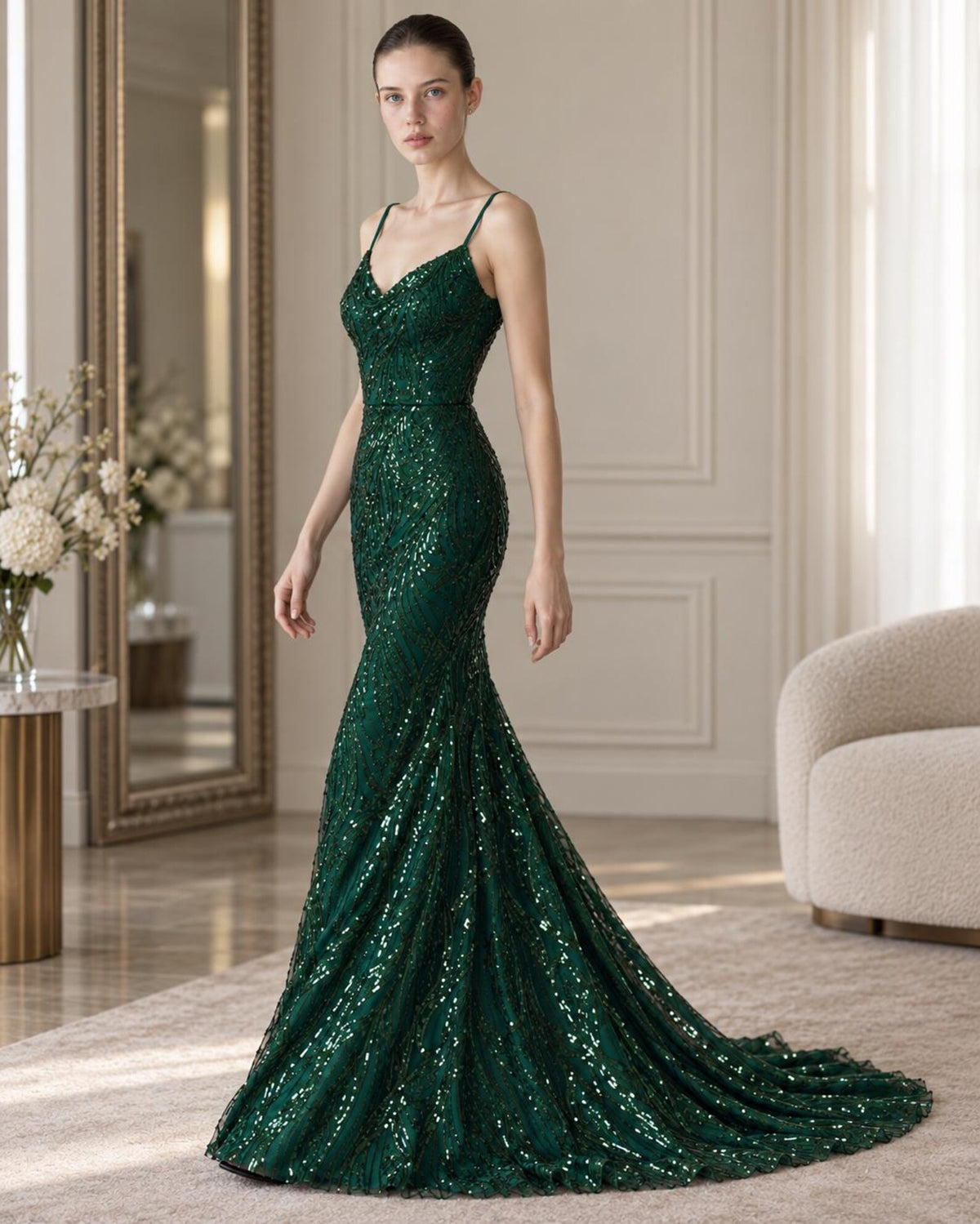 Emerald Green Sequin Mermaid Evening Gown, Spaghetti Strap V Neck Formal Dress, Long Sparkly Prom Dress, Wedding Guest Maxi Dress
