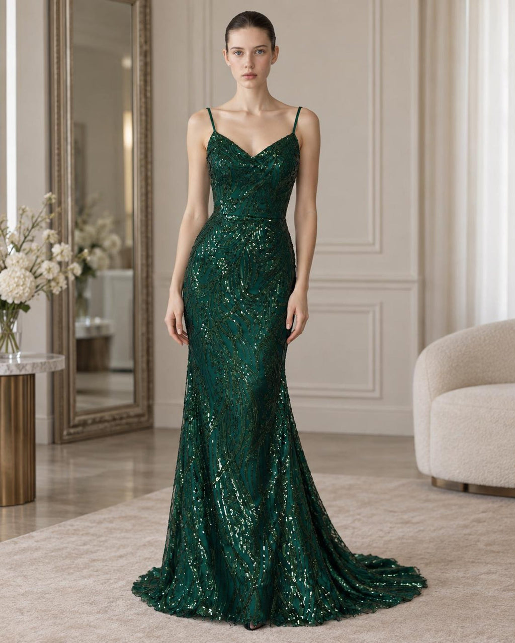Emerald Green Sequin Mermaid Evening Gown, Spaghetti Strap V Neck Formal Dress, Long Sparkly Prom Dress, Wedding Guest Maxi Dress
