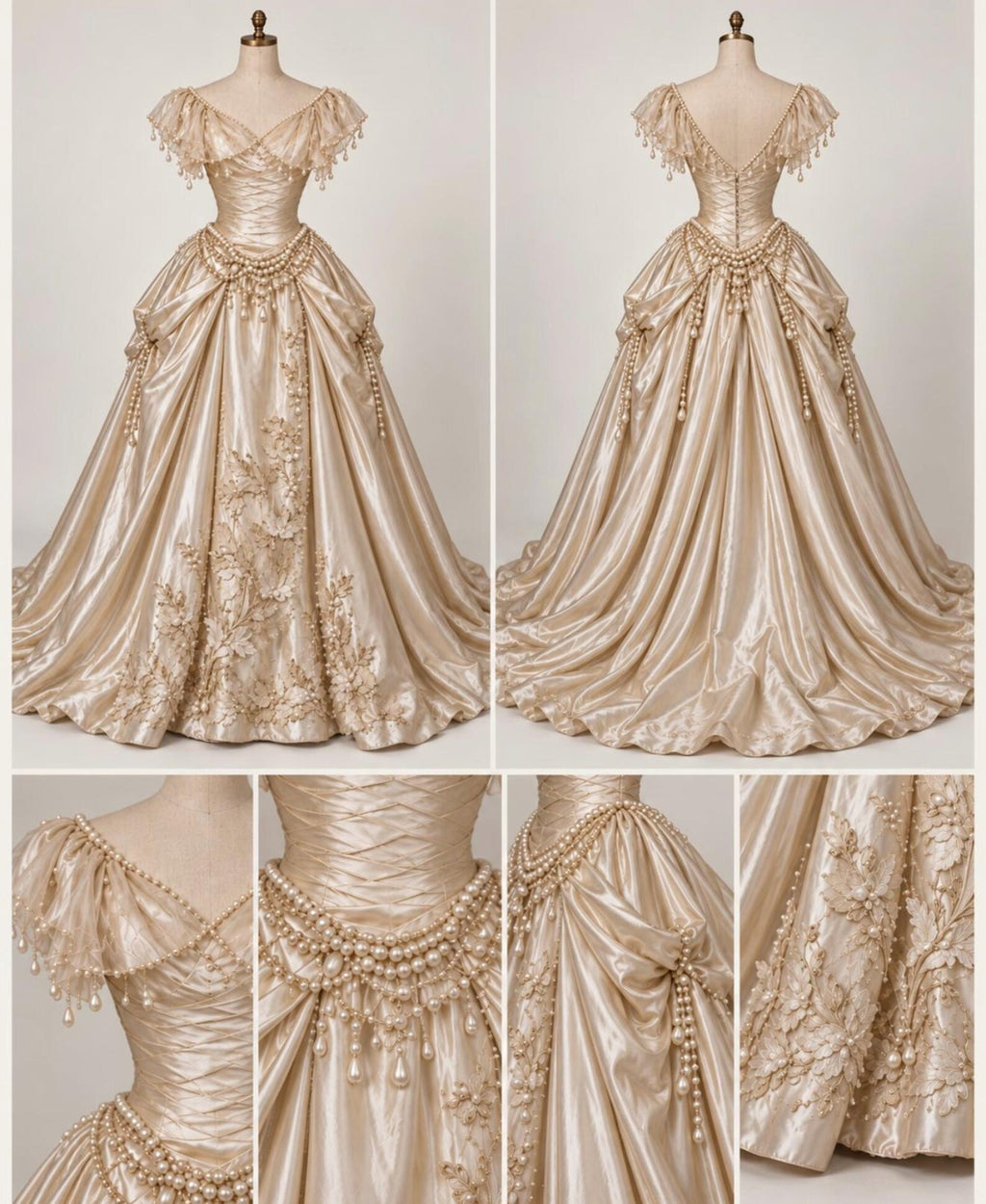 Vintage Champagne Satin Wedding Gown, Victorian Pearl Embellished Ballgown Wedding Dress, Floral Embroidery Off Shoulder Bridal Dress
