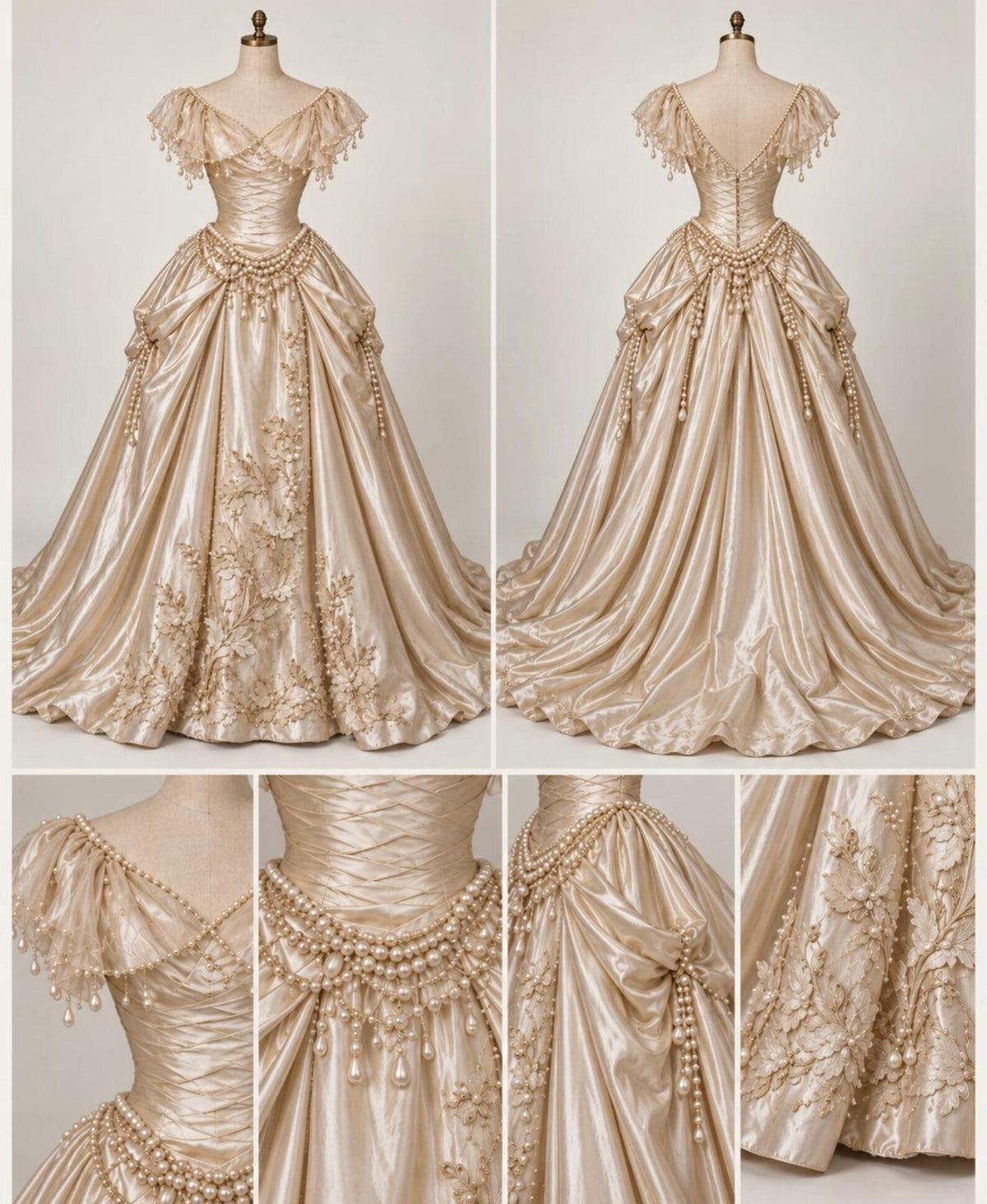 Vintage Champagne Satin Wedding Gown, Victorian Pearl Embellished Ballgown Wedding Dress, Floral Embroidery Off Shoulder Bridal Dress