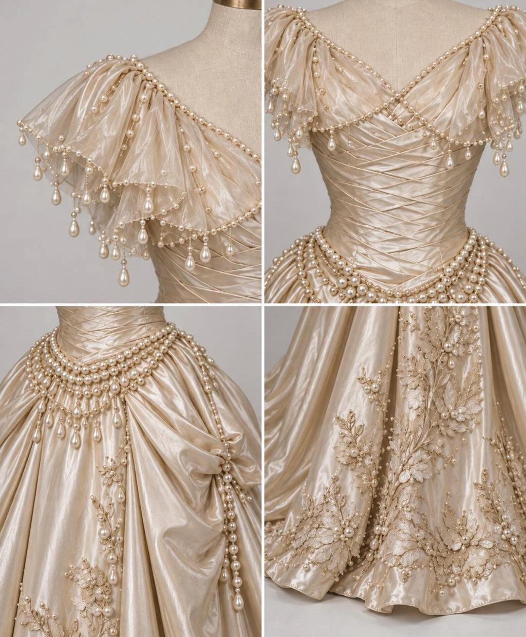 Vintage Champagne Satin Wedding Gown, Victorian Pearl Embellished Ballgown Wedding Dress, Floral Embroidery Off Shoulder Bridal Dress