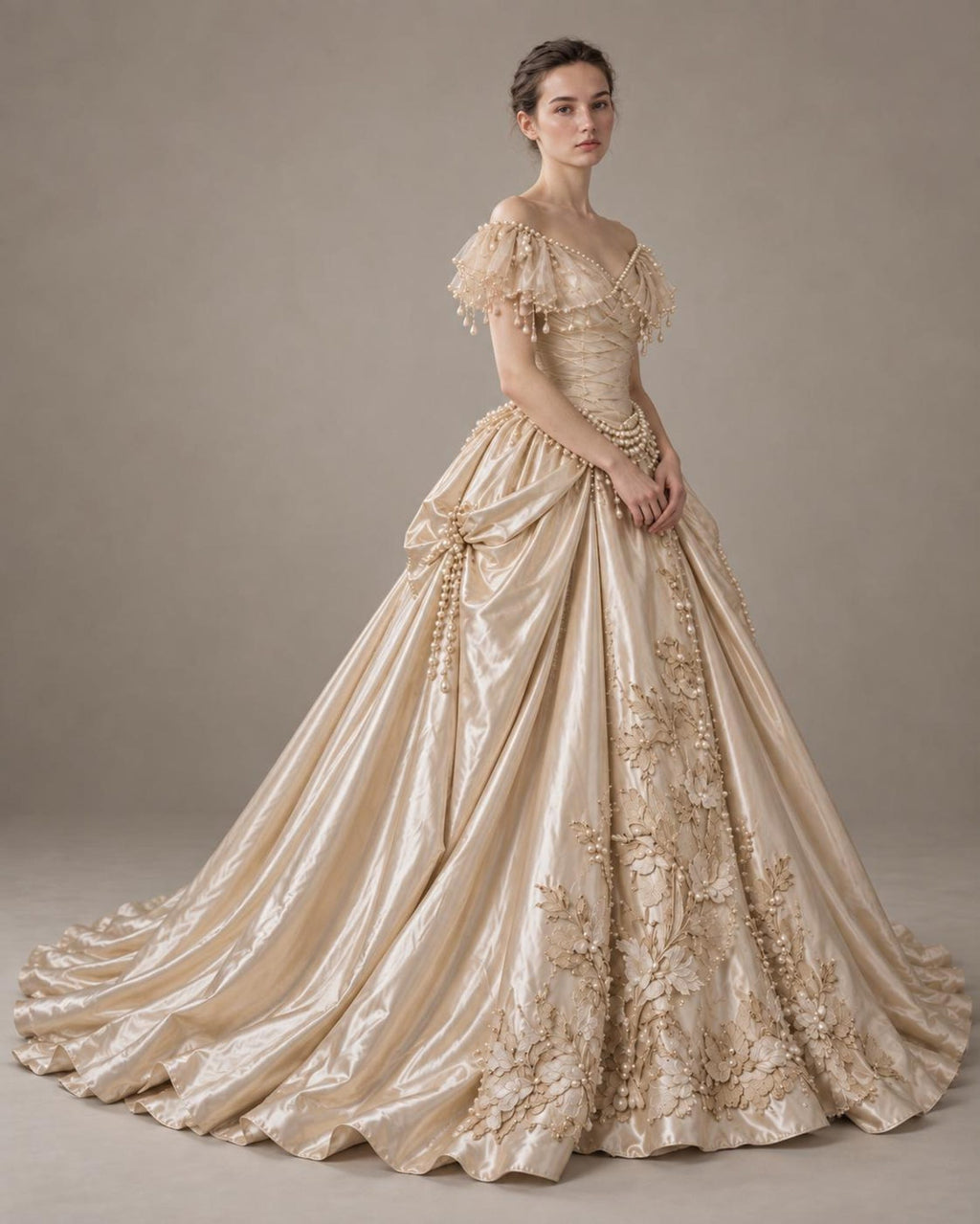 Vintage Champagne Satin Wedding Gown, Victorian Pearl Embellished Ballgown Wedding Dress, Floral Embroidery Off Shoulder Bridal Dress