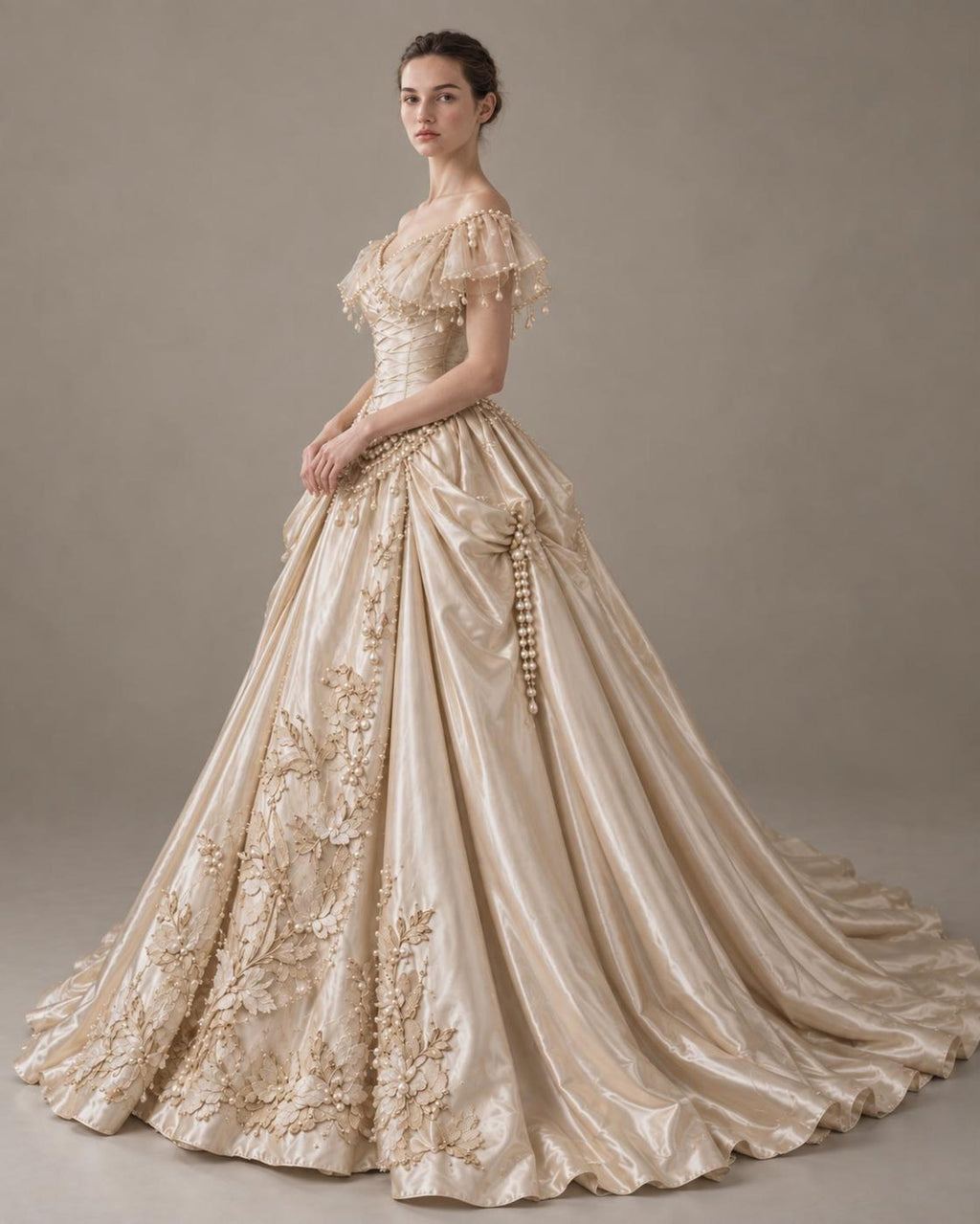 Vintage Champagne Satin Wedding Gown, Victorian Pearl Embellished Ballgown Wedding Dress, Floral Embroidery Off Shoulder Bridal Dress